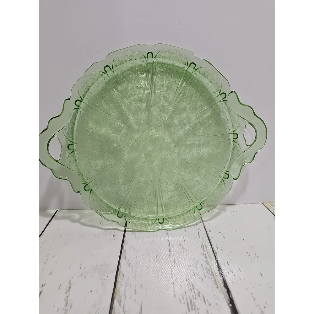 Jeanette Green Depression Glass  Cherry Blossom 2 Handled Cake Tray Plate